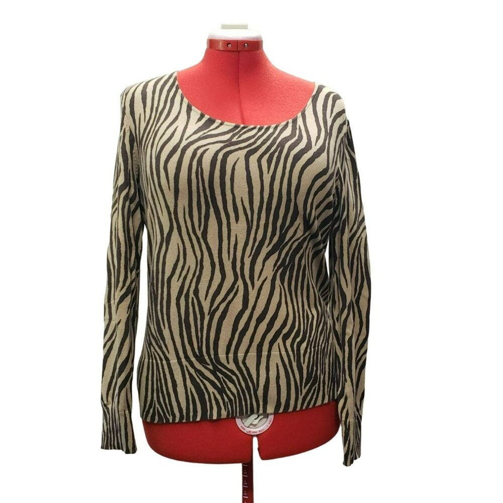 Talbots Tan Zebra Print Sweater, Women's L, Pima Cotton Blend, Long Sleeve
